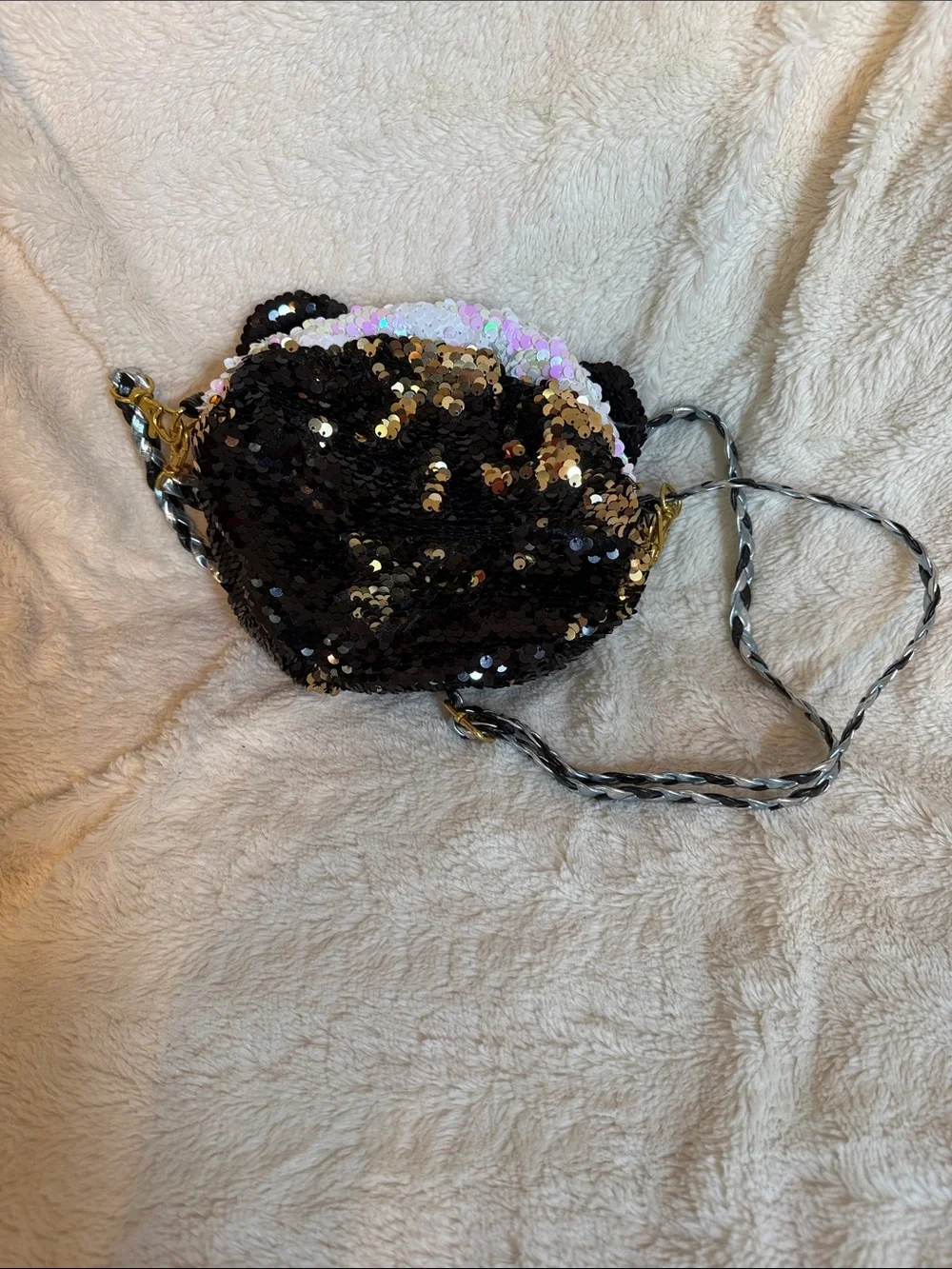 Ty Beanie Boos Bamboo the Panda Sequin Crossbody Purse White Black Iridescent